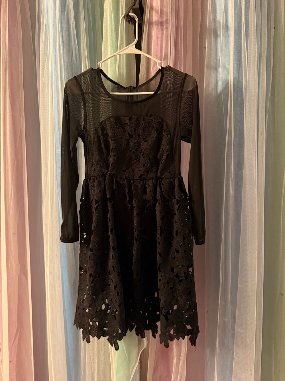 Black Lace Fit-and-Flare Dress with Sheer Long Sleeves